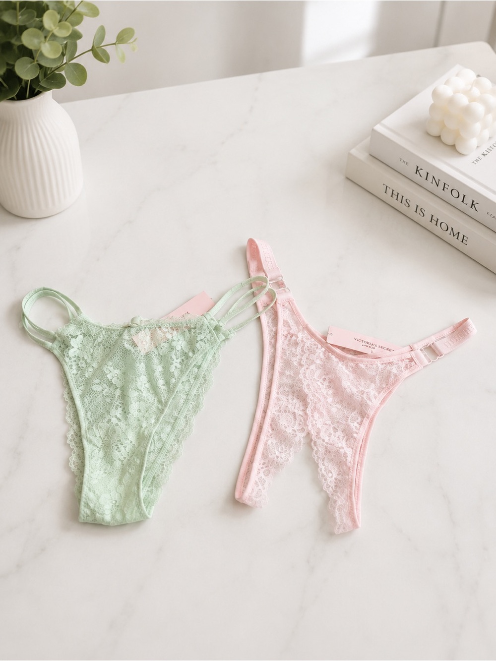 🆕 Victoria's Secret Lace Thong Set - Mint Green and Light Pink